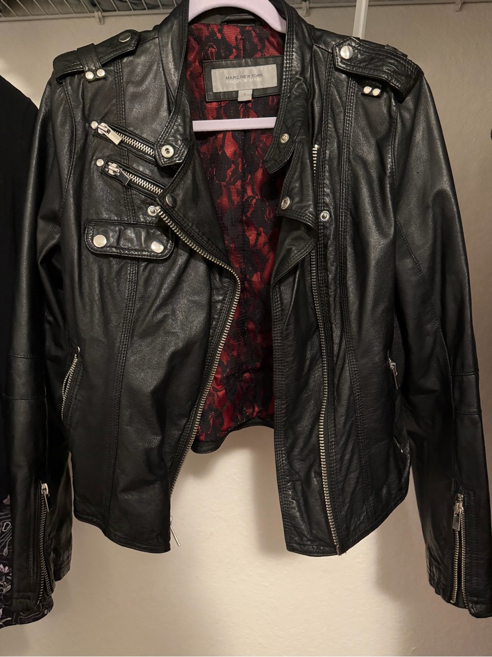 Marc New York Black original Leather Moto Jacket with Red Lining